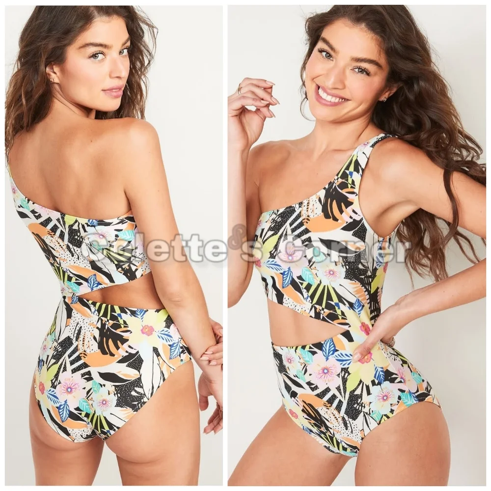 Old Navy One-Shoulder Side-Cutout One-Piece Tropical Print Swimsuit Size XL - Picture 9 of 10